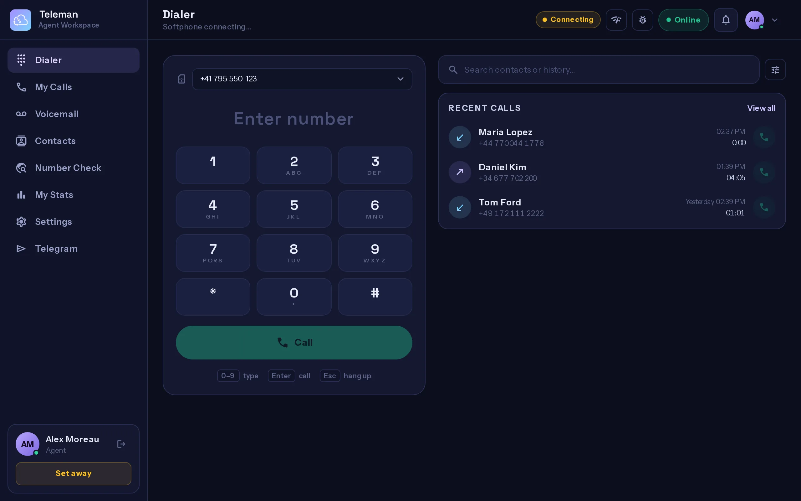 Teleman agent dialer with active call and live transcript